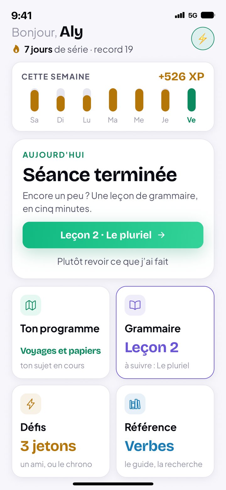 L'Accueil après la séance : il propose la leçon de grammaire suivante, au-dessus des quatre tuiles Ton programme, Grammaire, Défis et Référence