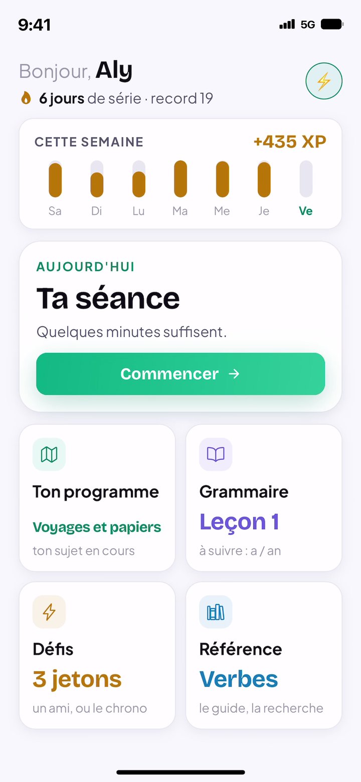 L'Accueil : la série, l'XP de la semaine, la carte « Ta séance » avec le bouton Commencer, puis quatre tuiles : Ton programme, Grammaire, Défis et Référence