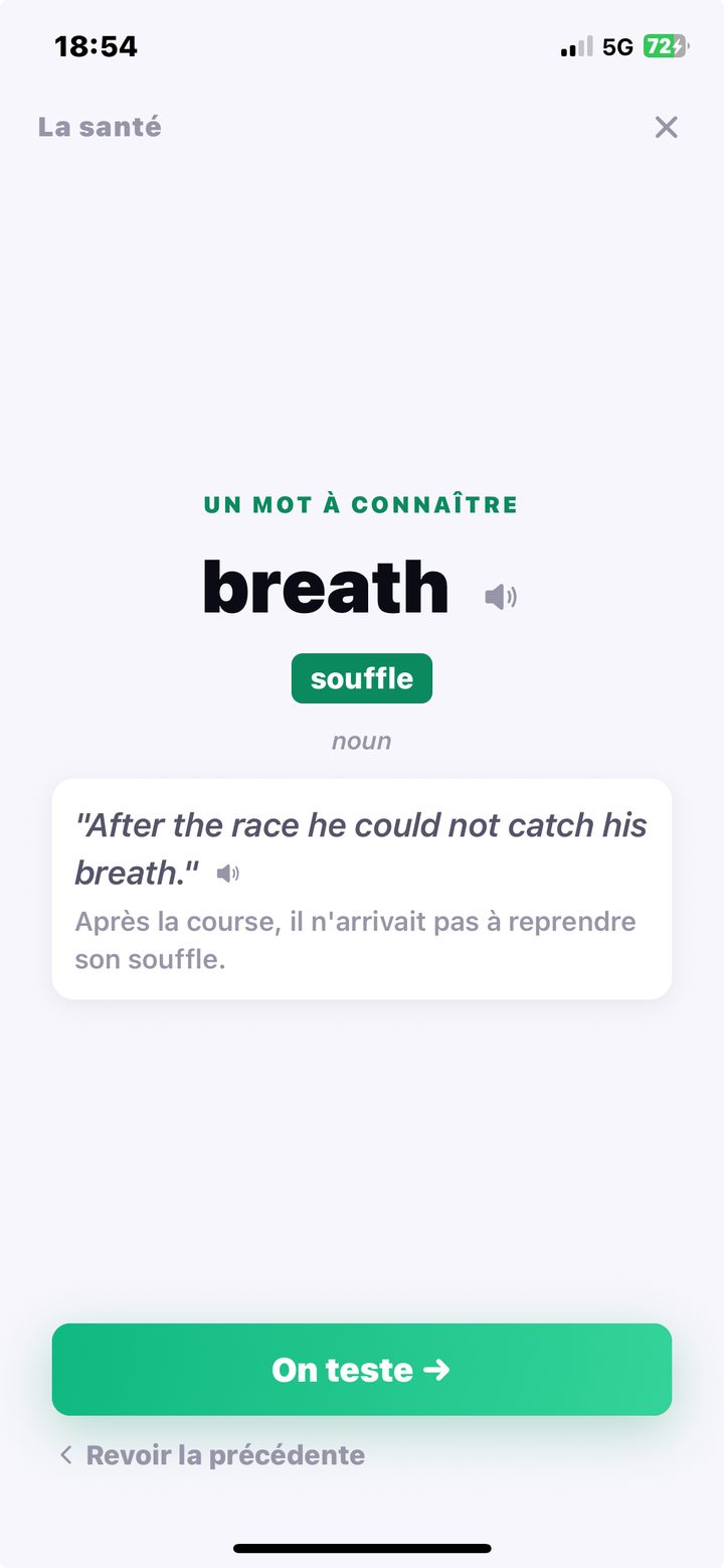 La carte « Un mot à connaître » : breath, souffle, avec la phrase After the race he could not catch his breath
