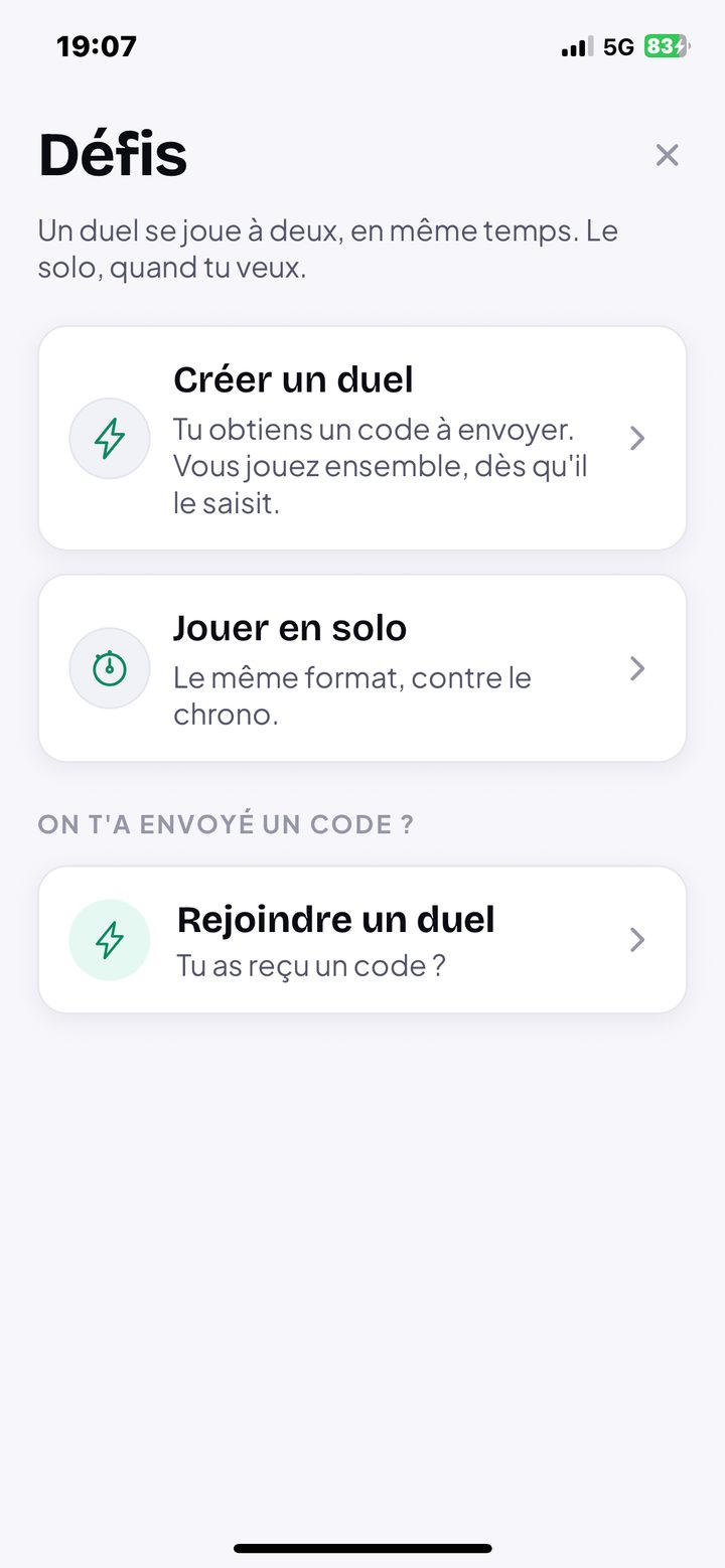 L'écran Défis : Créer un duel, Jouer en solo, Rejoindre un duel