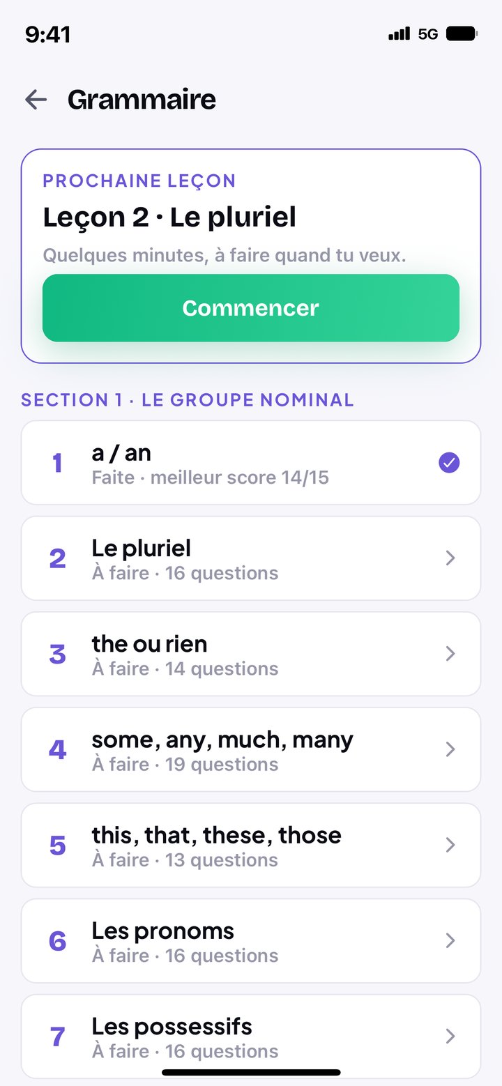 L'écran Grammaire : la prochaine leçon avec le bouton Commencer, puis les leçons de la section 1, la première faite avec son meilleur score