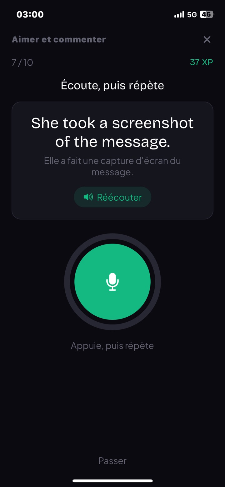 Le même exercice sur une phrase entière : She took a screenshot of the message