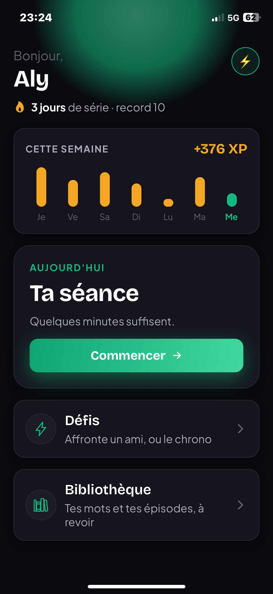 L'écran d'accueil en mode nuit, avec le halo vert menthol