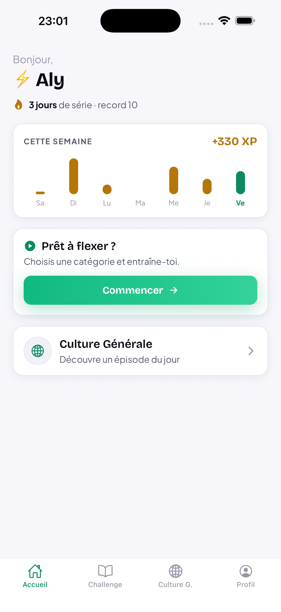 Écran d'accueil de :flex — série, XP de la semaine et bouton pour commencer