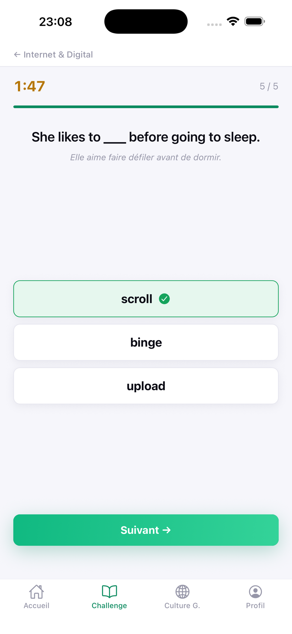 Exercice à trou : compléter une phrase en anglais, la bonne réponse « scroll » validée en vert