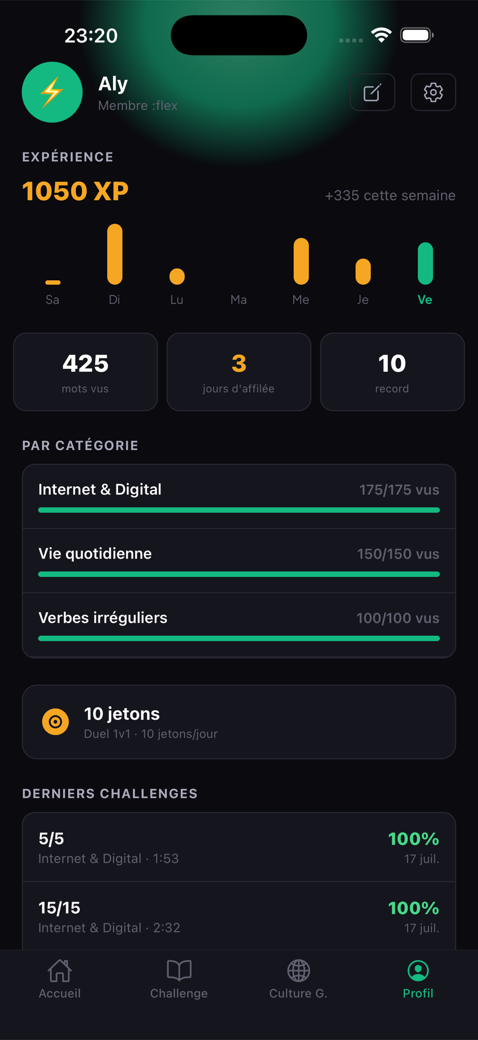 Le même profil en mode nuit : expérience, progression par catégorie et halo vert menthol