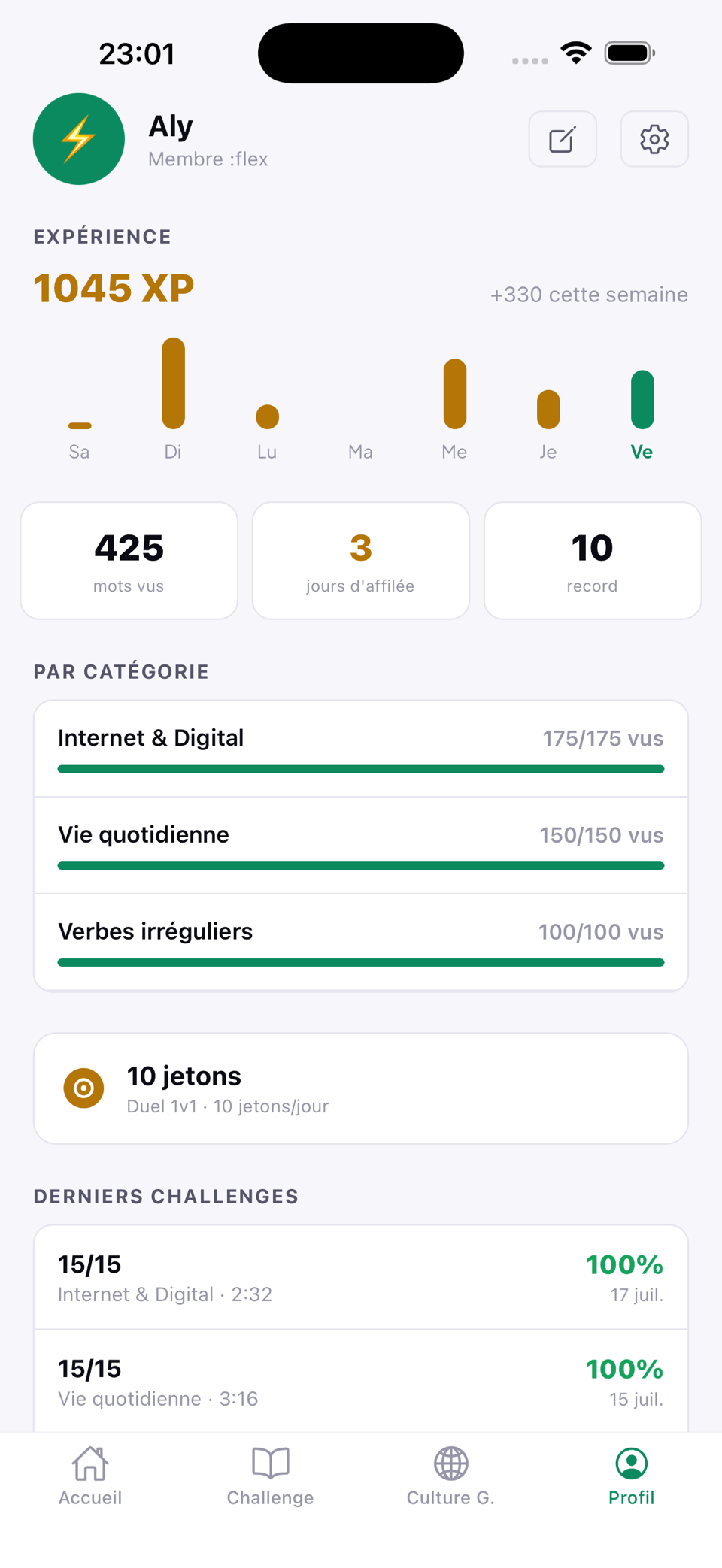 Profil : expérience, progression par catégorie et derniers challenges